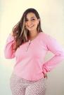 Pijama feminino inverno em malha de algodão de camiseta com botões rosa e calça flare estampada oncinha