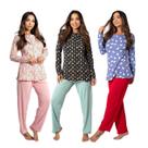 Pijama Feminino Inverno kit com 3 blusa manga longa estampada calça comprida lisa toque quante macio Pijama Feminino Inverno kit com 3 blusa manga longa estampada calça comprida lisa toque quante macio