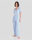 Pijama Feminino Longo Canelado com Renda Azul Celeste Lohe