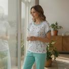 Pijama Feminino Pescador Senhora Manga Curta Bermuda Roupa Feminina