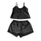 Pijama Feminino Silk Cetim com Renda Conjunto Blusa + Short Blusa Versátil para Uso Casual Cor:PretoTamanho:G