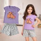 Pijama Infantil Roxo De Animalzinho Capivara e Shorts Nuvem, Estampa divertida e fofa Calor