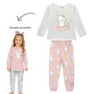 Pijama Menina Kyly Blusa e Calça em Moletom Peluciado Brilha no Escuro Coelhinho Mescla