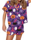 Pijama SHESHOW para mulheres de Halloween com estampa de abóbora, cetim roxo
