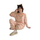 Pijamas De Inverno Femininos Em Plush Coral Com Combinação De Cores, Conjunto Casual Elegante