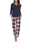 Pijamas femininos de manga comprida Ekouaer, xadrez azul