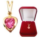 Pingente Feminino Coração Rosa em Zircônia Cravejada Folheada a Ouro 18k Semijoia