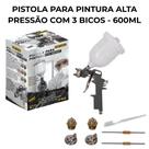 Pistola de Pintura Alta Pressão 600ml com 3 Bicos Tanque Alto Alimentação por Gravidade Rosca NPT