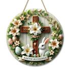 Placa de porta de madeira de Páscoa Bunny Cross com decoração floral redonda