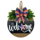 Placa de porta de madeira Patriotic Welcome com decoração em arco, EUA