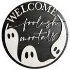 Placa de porta fantasma de boas-vindas de madeira de Halloween com decoração redonda Placa de porta fantasma de boas-vindas de madeira de Halloween com decoração redonda