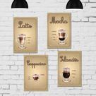 Placa Decorativa Cozinha MDF Tipos de Café Kit 4un 30x40cm
