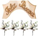 Placa Decorativa Feliz Páscoa e 4 Hastes de Galhos com Ovos e Folhas