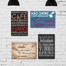 Placa Decorativa MDF Frases Vinho Kit Kit 4un 30x40cm