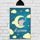 Placa Decorativa MDF Infantil Elefante na Lua Azul 30x40