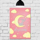 Placa MDF Infantil Elefante na Lua Rosa Placa MDF Infantil Elefante na Lua Rosa