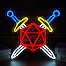 Placa Neon Dados e Espadas para Decoração de RPG e Sala de Jogos 33 x 30 cm