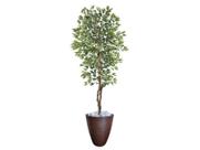 Planta Artificial Ficus Verde Creme 2,10m kit + Vaso Redondo Marrom 40cm