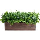 Plantas artificiais de buxo em plantador de madeira retangular