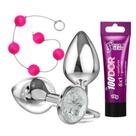 Plug anal de aço com cristal + bolinha tailandesa + 100dor dessensibilizante 6x1