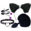 Plug Anal Pompom Preto C/ Tiara de Orelhas de Gato + Grampos p/ Seios em Metal e Gargantilha