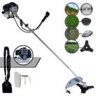 Podador de Grama À Gasolina Toyama TBC43-H 43cc 1,7HP 12.000rpm Motor 2T Roçadeira Multifuncional Completa Com Carretel Nylon + Faca 3 Pontas + Faca Circular 40 Dentes Vídea + Escova de Aço 38 Cerdas