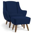 Poltrona Com Puff Pés De Madeira Veludo Azul Oxford C-304