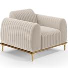 Poltrona Decorativa Base De Madeira Castanho e Pés Metalizado D'Ouro Molino D02 Bouclê Creme B-54 - Lyam Decor