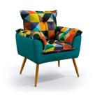 Poltrona Decorativa Estofada Beta Sued Estampado Colorido com Azul Turquesa Aradecor