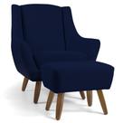 Poltrona Decorativa Fixa com Puff Pés de Madeira Juliet D02 Veludo Azul Marinho C-287 - Lyam Decor