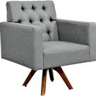 Poltrona Decorativa Giratória Base de Madeira Manu Capitonê Linho Cinza Escuro - Lyam Decor