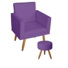 Poltrona Decorativa Nina com Estrutura Madeira Maciça e Puff Sófia Pés Palito Roxo Mafer Poltrona Decorativa Nina com Estrutura Madeira Maciça e Puff Sófia Pés Palito Roxo Mafer