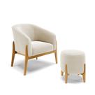 Poltrona e Puff Decorativo Base Madeira Stella Bouclê Bege D03 - D'Rossi