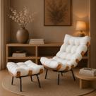 Poltrona em Linho Costela Sala de Estar com puff Bege/Off White