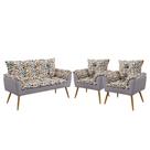 Poltrona Namoradeira e 2 Poltronas Opala F-014 Sued Estampado Bege com Veludo Aradecor