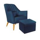 Poltrona Orion Bordada com Puff Quasar Para Sala de Estar Sued Azul Marinho Aradecor