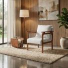 Poltrona Sala Decorativa Ayla Estofada Boucle Branco Base Madeira Castanho