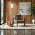 Poltrona Sala Decorativa Dallas Estofada Boucle Cinza Base Madeira Castanho
