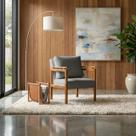 Poltrona Sala Decorativa Dallas Estofada Linho Cinza Base Madeira Castanho