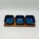 Porta Aperitivos de Ceramica Azul e Base De Madeira - 3 Pcs