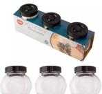 Porta Condimentos em Vidro 3 Potes Tampas Pretas Temperos 180ML Porta Condimentos em Vidro 3 Potes Tampas Pretas Temperos 180ML