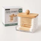 Porta Cotonete de Plastico 8x9cm Tampa em Bambu - Porta Cotonetes Com Bandeja Acrilico Cristal Tampa De Bambu - PANAMI