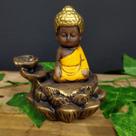 Porta incenso cascata buda flor de lótus envelhecido c/ amarelo 11cm