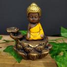 Porta incenso cascata buda flor de lótus envelhecido c/ amarelo 11cm
