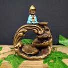 Porta incenso cascata buda maior envelhecido c/ azul 15cm