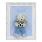 Porta Maternidade Quadro Urso Bege Roupa de Crochê e Bola de Futebol Quarto Bebê Infantil Menino