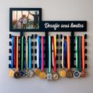 Porta Medalhas de Parede com Porta Fotos Desafie Seus Limites, MDF Preto, 35x30cm, Capacidade 30 Medalhas, Foto 10x15cm