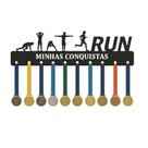 Porta Medalhas Run Minhas Conquistas em Mdf Preto Suporte Esportivo de Parede 51cm