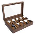 Porta Relógio de Madeira com 10 Nichos Estilo Retrô, Caixa Organizadora para Relógios com Visor de Vidro e Almofadas Macias Brcshop