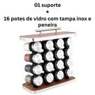 Porta Temperos Condimentos Inox 16 Potes de Vidro 80ml com Peneira Dosadora Suporte Madeira Premium